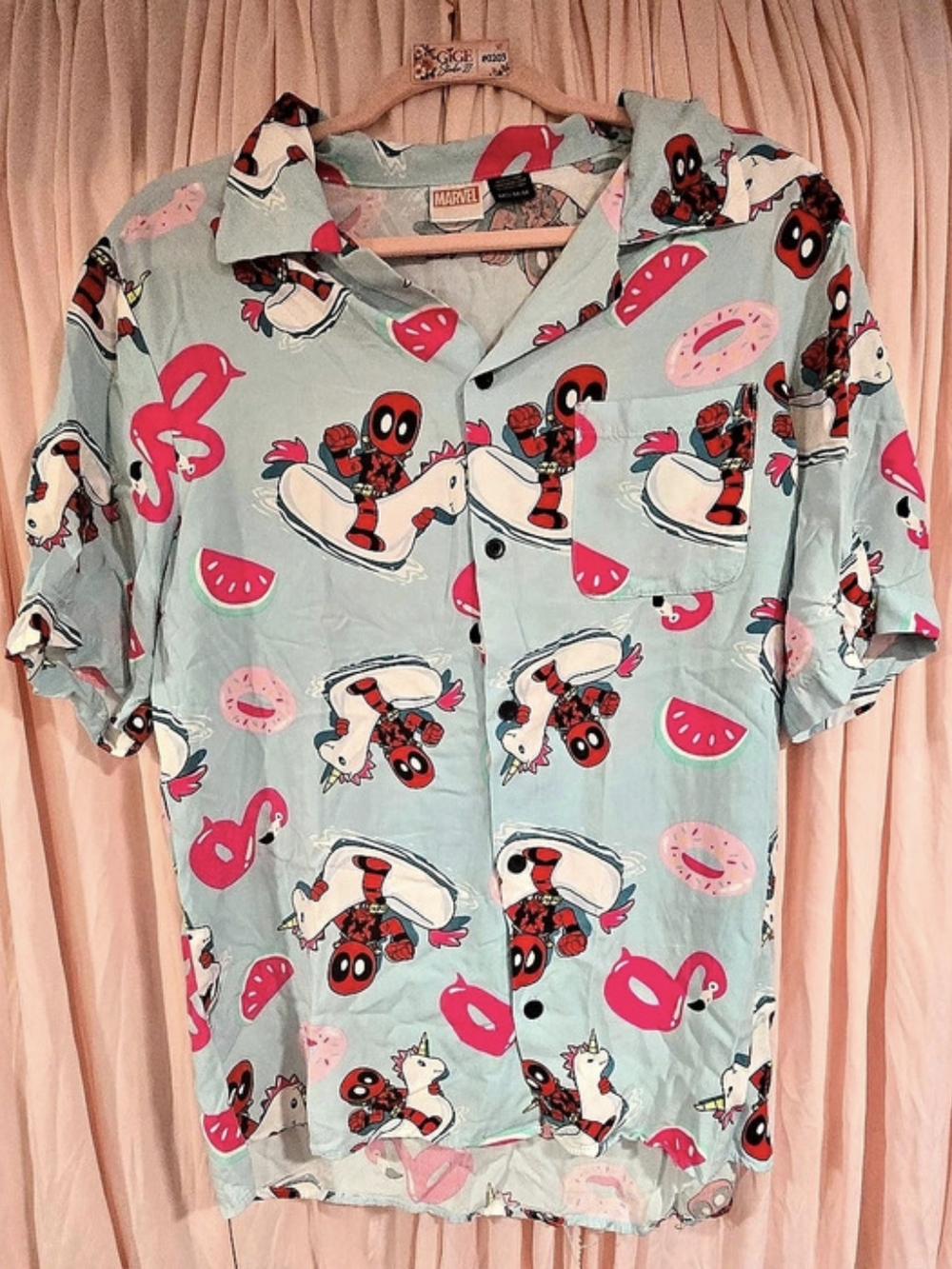 Marvel Deadpool Button Down Shirt Blue & Pink Size Medium